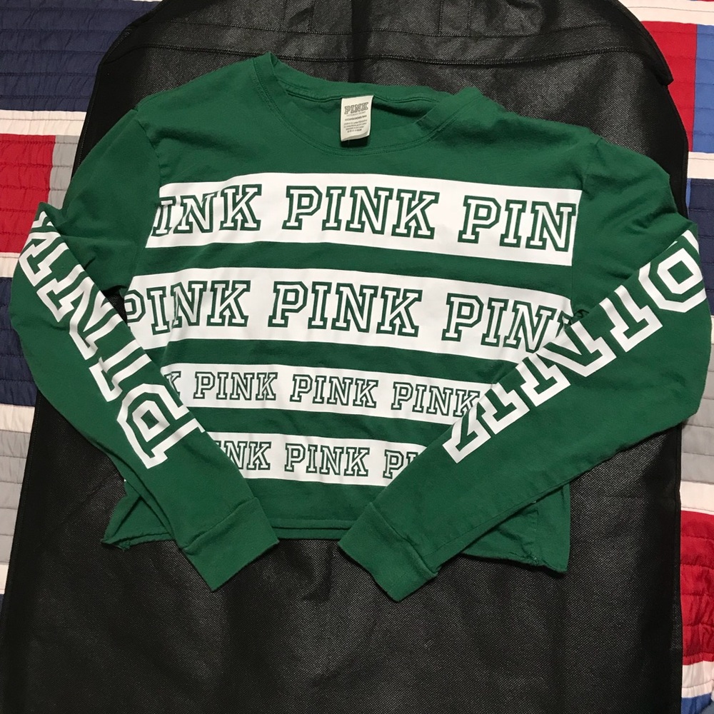 PINK Forest Green Varsity Long Sleeve Crop
